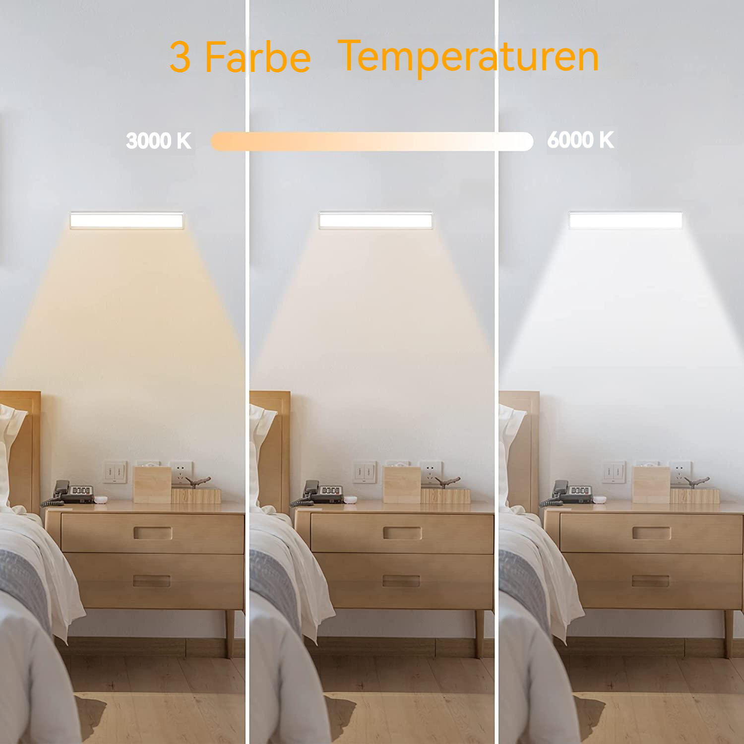 Drei Lichtfarben: warmweiß (3000K), neutralweiß und tageslichtweiß (6000K).