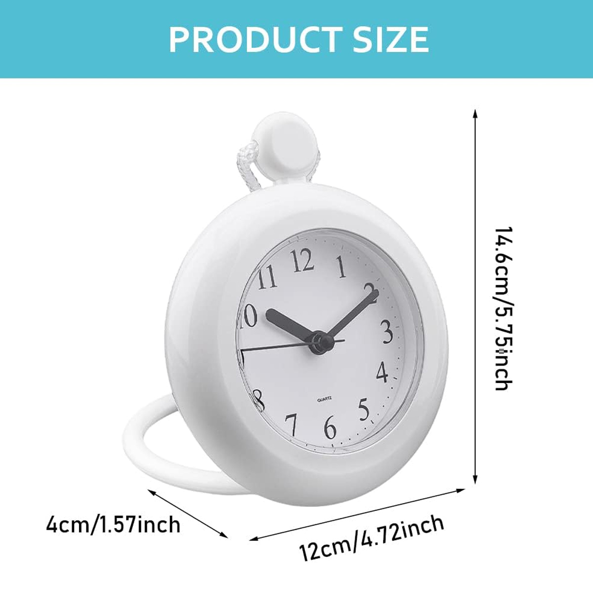Weiße Uhr mit schwarzen Zeigern und Zifferblatt, Maße angezeigt.