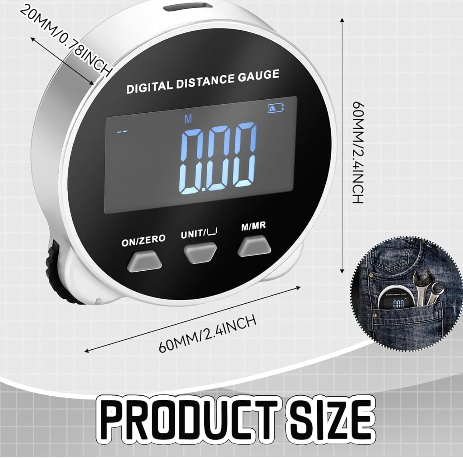 Digitaler Distanzmesser mit LCD-Anzeige, Werkzeugen in einer Jeans-Tasche.