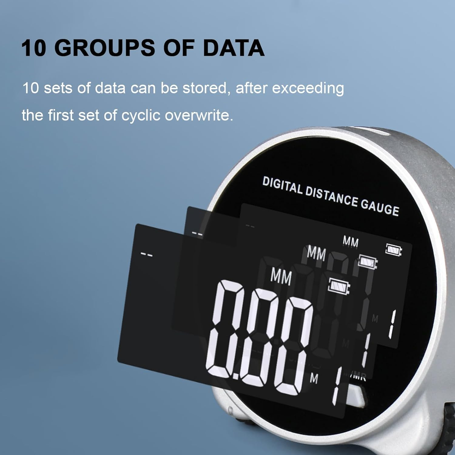 Digitales Distanzmessgerät mit großem Display, zeigt 0.00 und Datenspeicher.