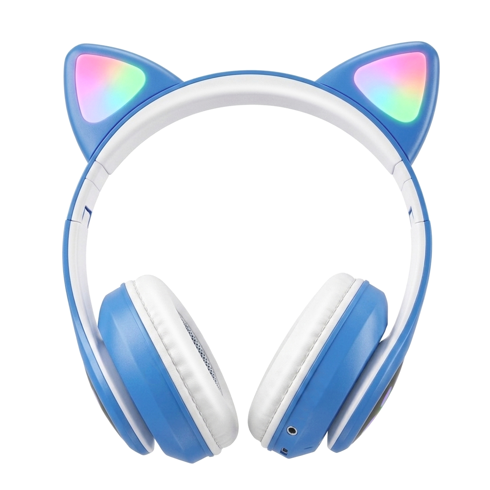 Cuffie blu a orecchie di gatto con orecchie LED colorate su sfondo bianco.