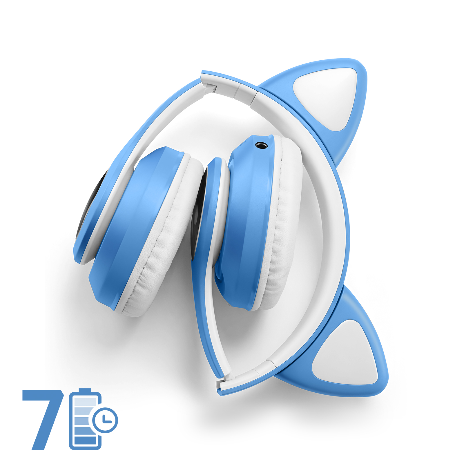 Cuffie blu a orecchie di gatto con un'icona della batteria che indica 7 ore.