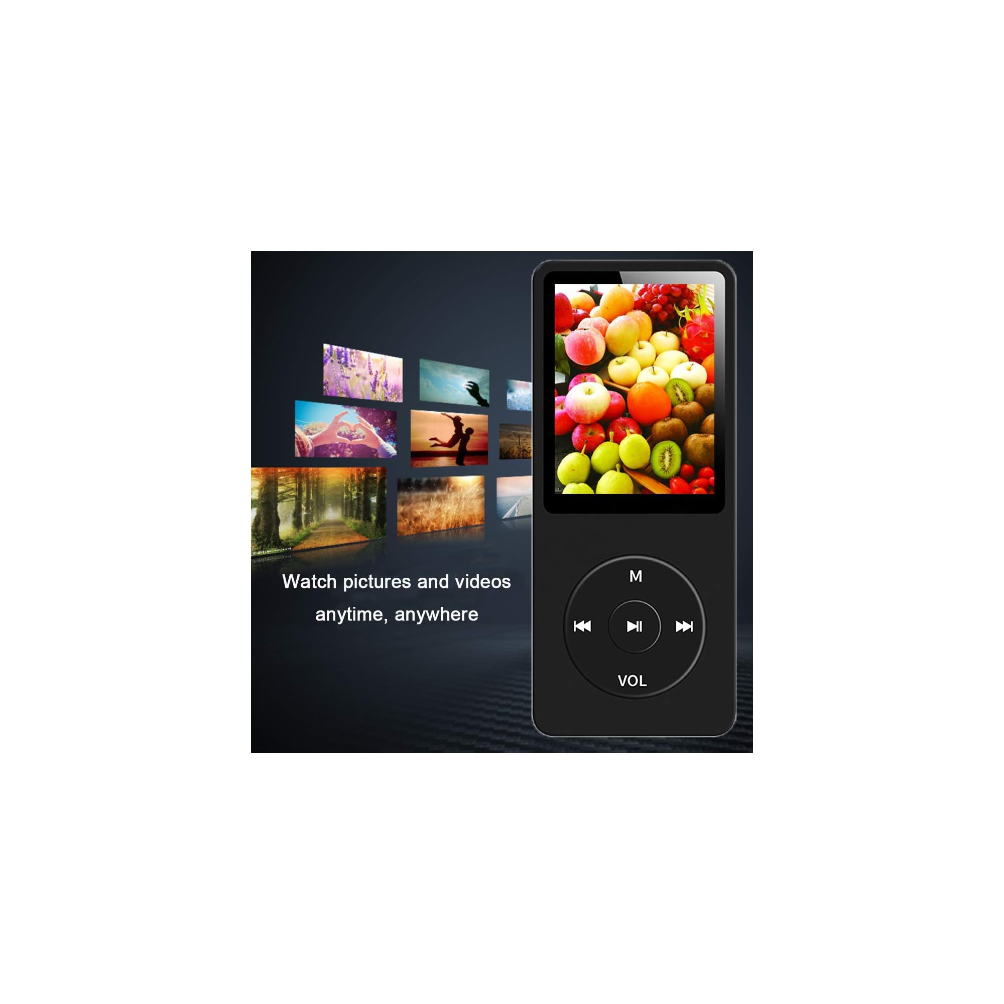 Ein schwarzer MP3-Player mit Fruchtbild auf dem Bildschirm und Steuertasten.