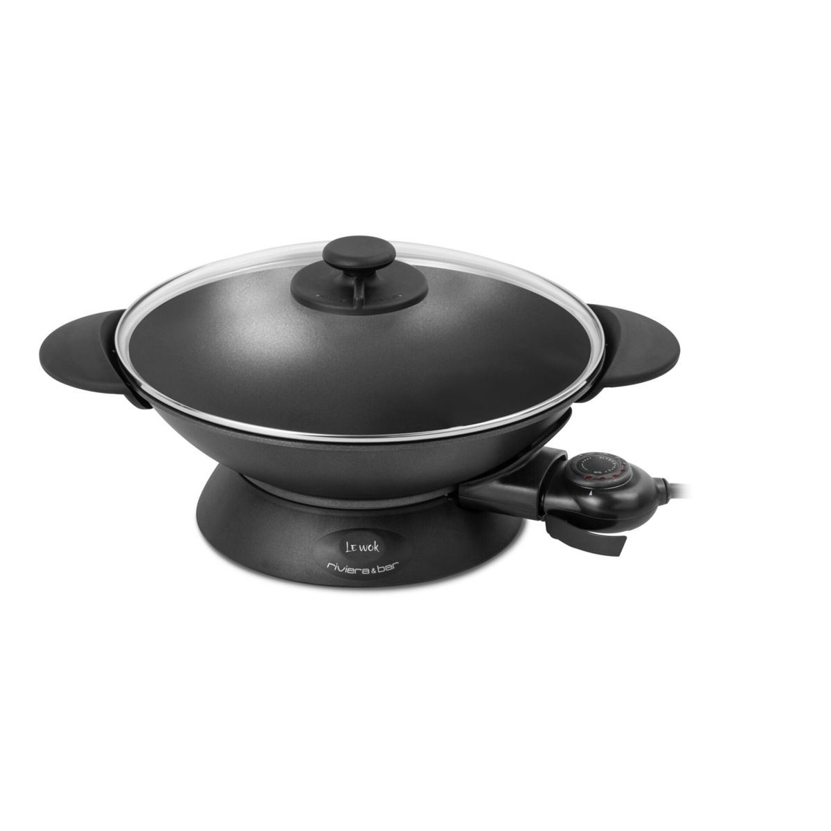 Ein schwarzer Elektro-Wok mit Glasdeckel und Temperaturregler steht auf einem Sockel.