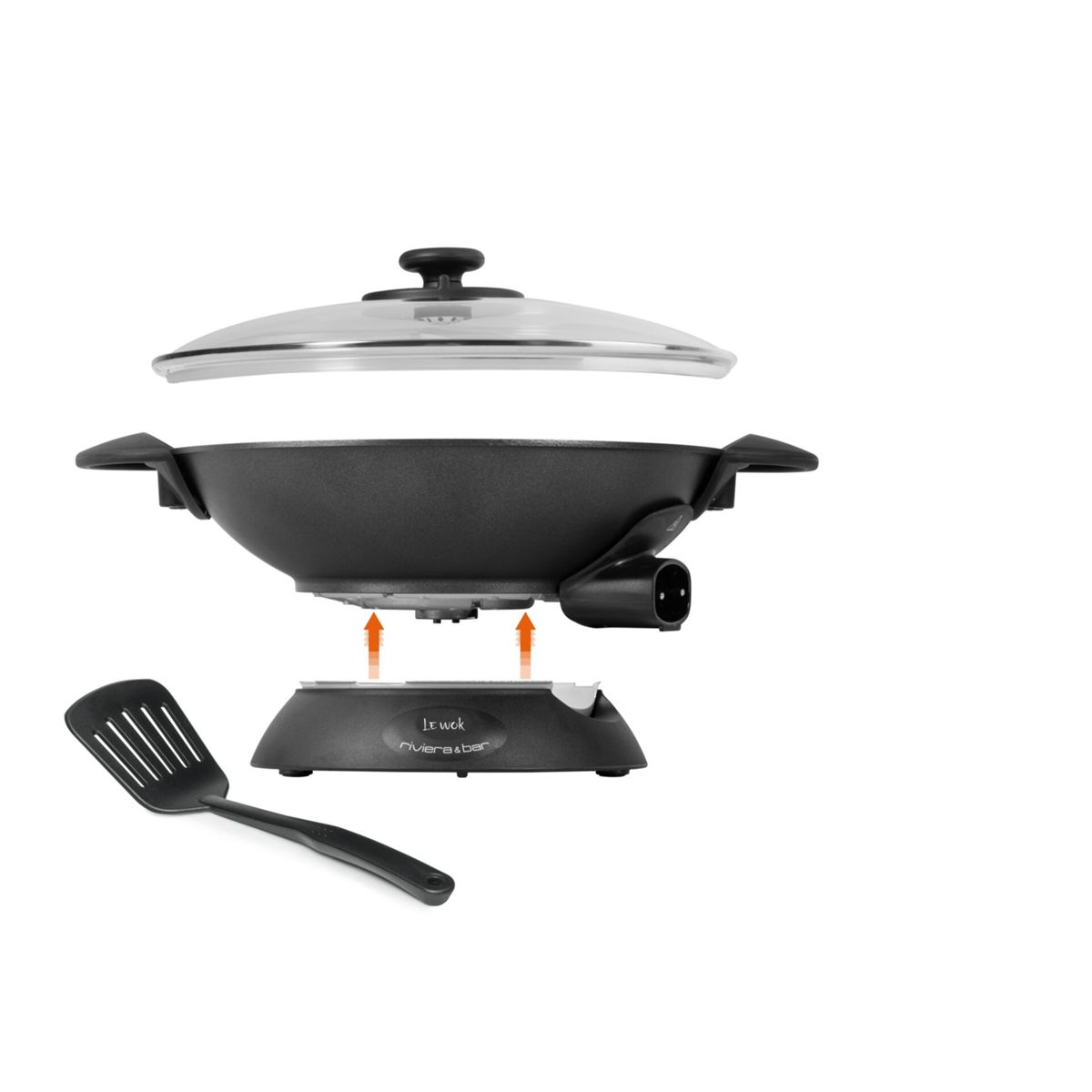 Ein elektrischer Wok mit Deckel und Spatel, der auf einer Basis steht.