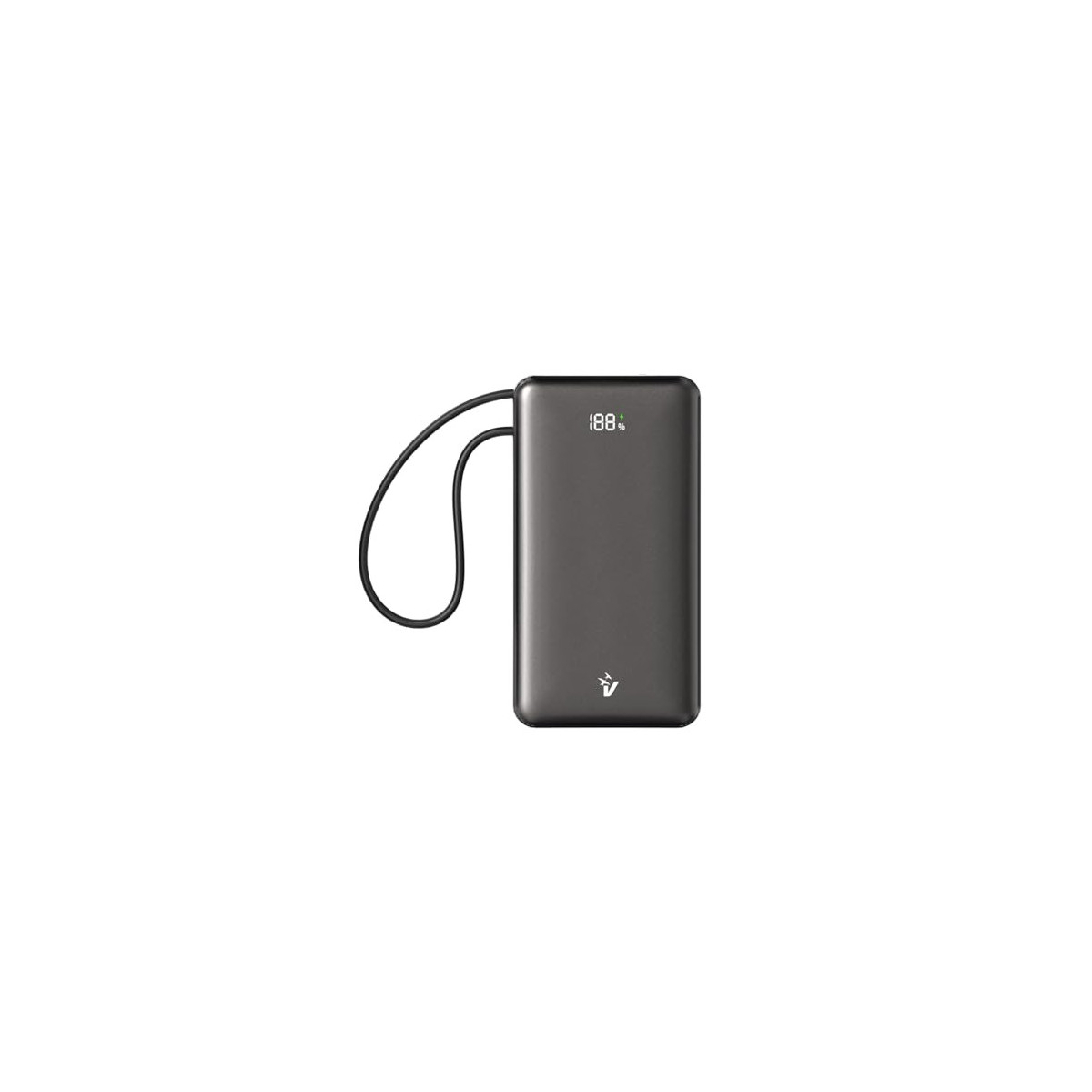 Power bank grigio scuro con indicatore di carica 100% e cavo nero.