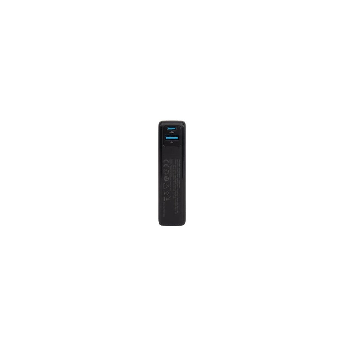 Un power bank nero con due porte USB blu ed etichette.