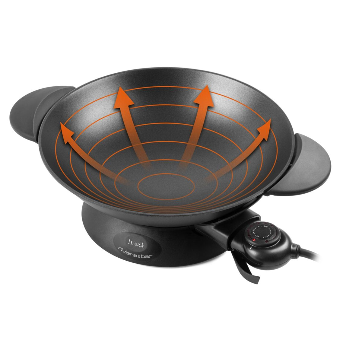 Schwarzer Elektro-Wok mit Heizdiagramm und Regler.