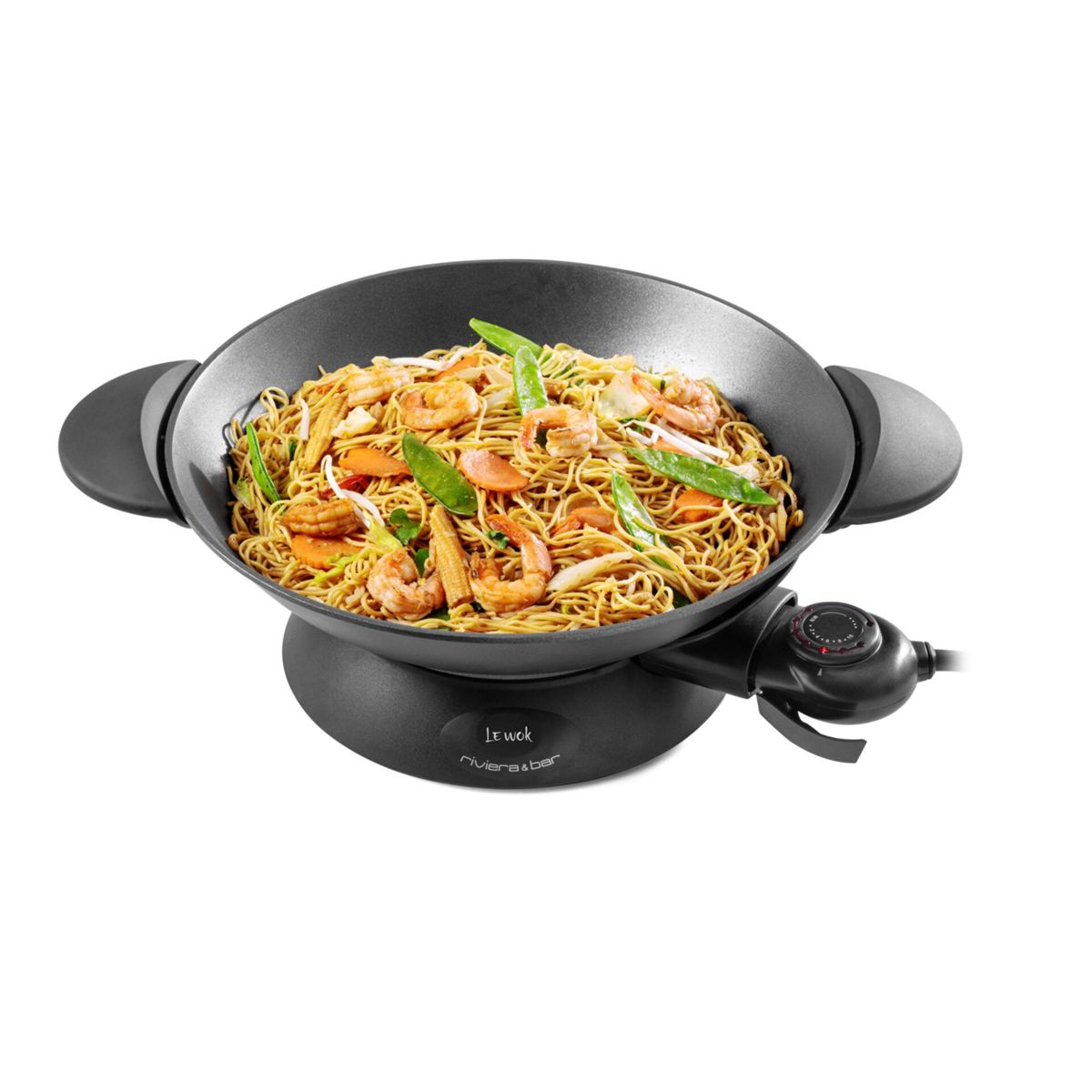 Elektrische Wok mit Nudeln, Garnelen, Erbsen und Babymais