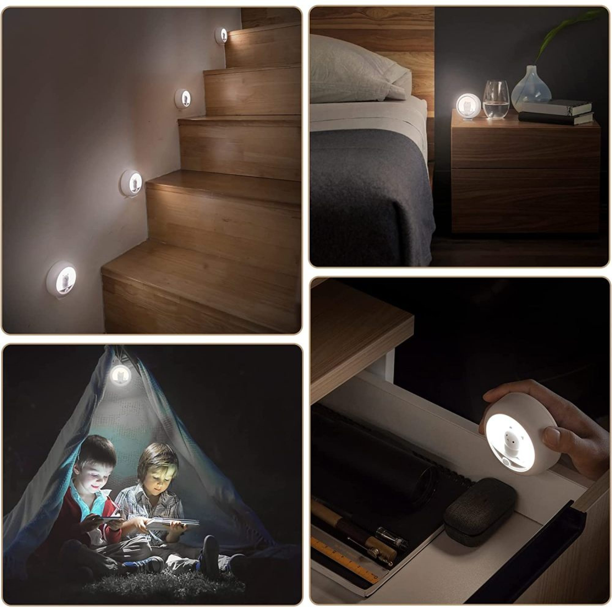 Vier Szenen zeigen kleine runde Lichter: Treppe, Nachttisch, Zelt, Schublade.