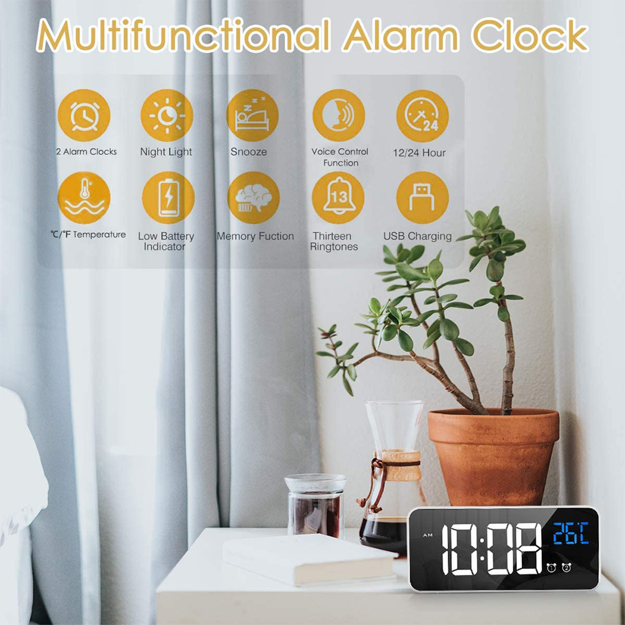 Ein moderner digitaler Wecker zeigt 10:08 und 26 Grad an, mit Icons für Funktionen.