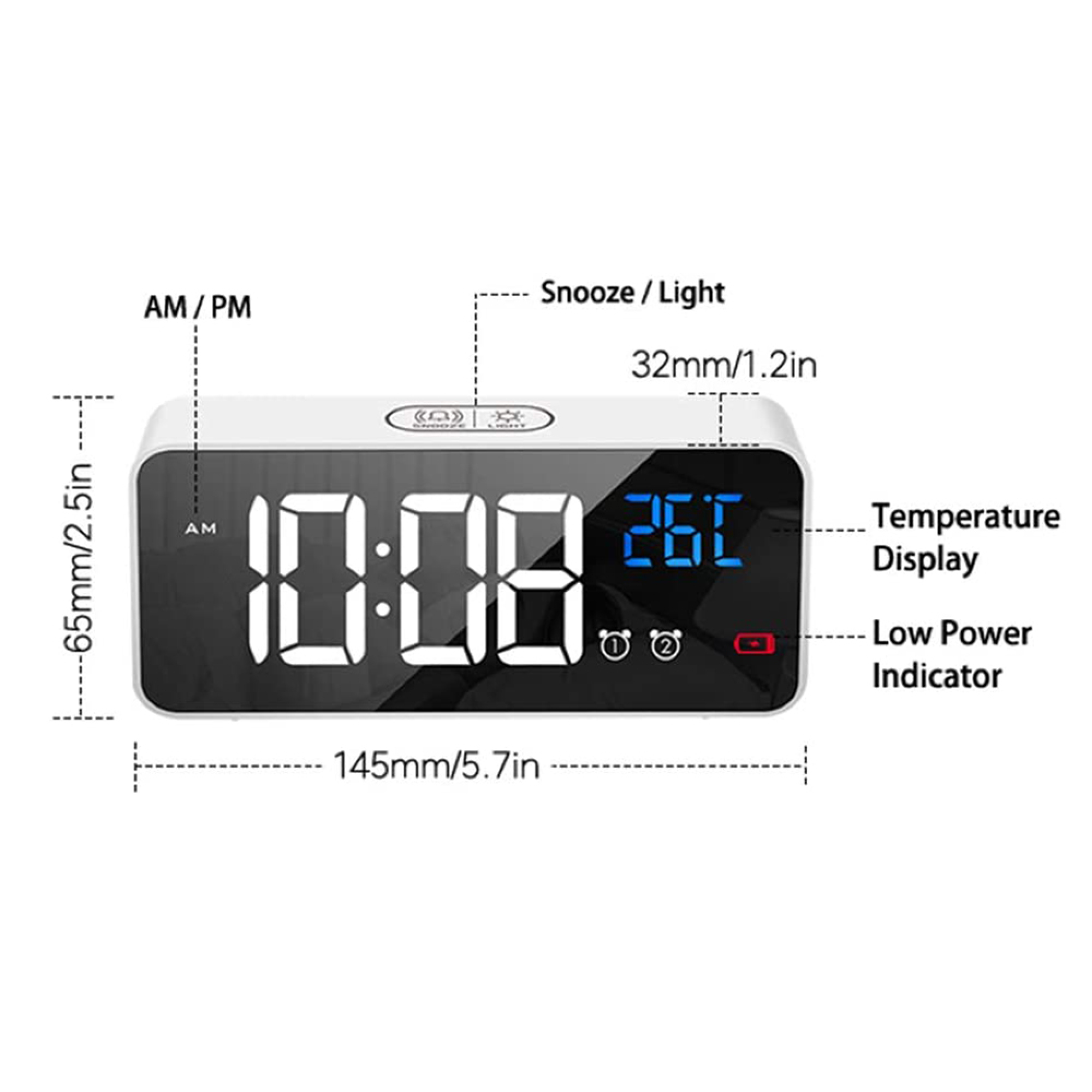 Digitaler Wecker zeigt 10:08 AM und 26C an. Maße: 145x65x32mm.