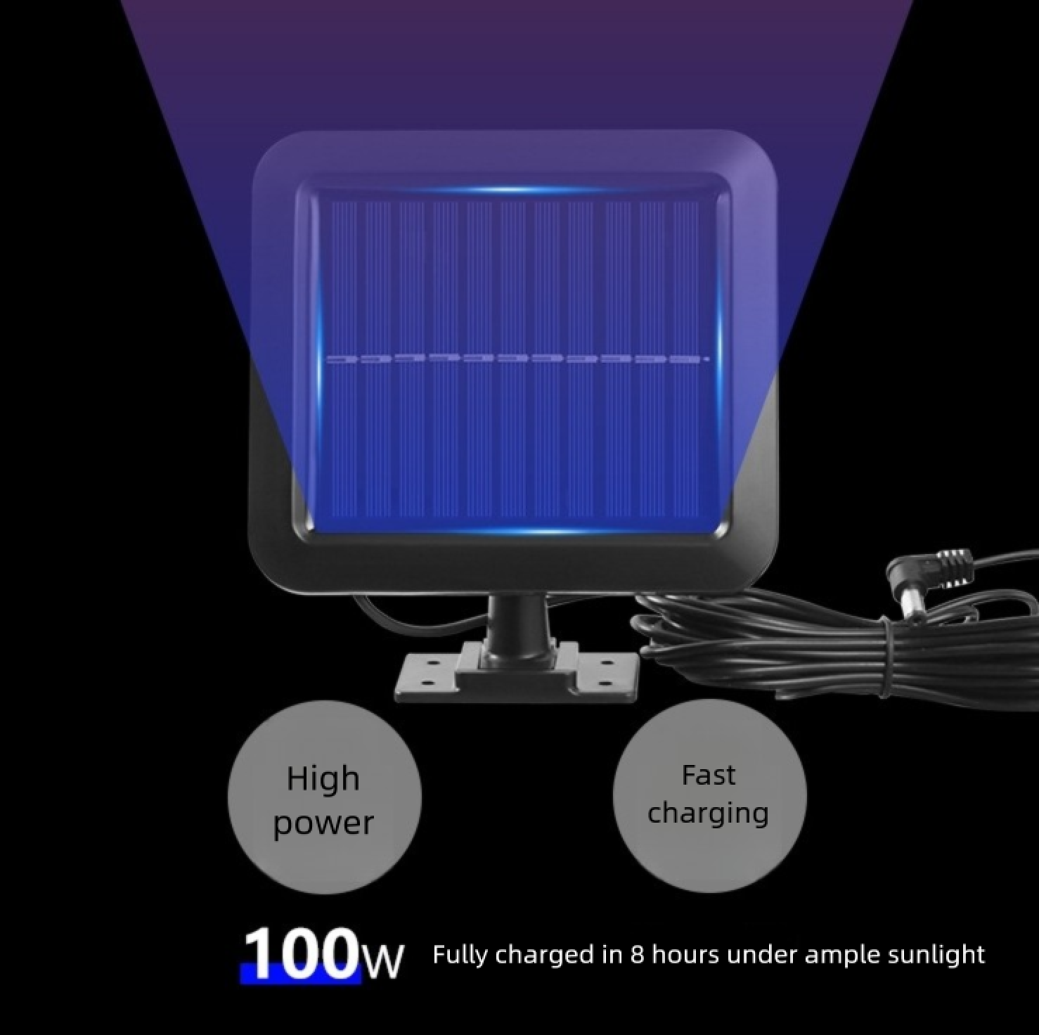 Ein Solarpanel mit 100W Leistung, das schnelles Laden unterstützt, ist abgebildet.