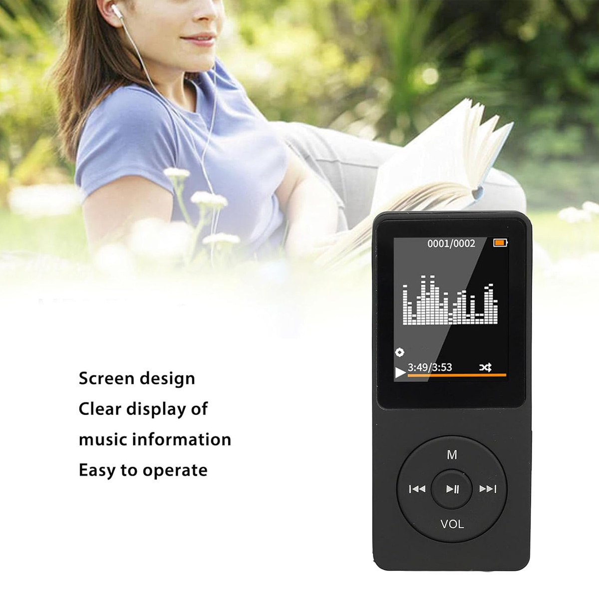 Ein schwarzer MP3-Player mit Equalizer-Anzeige und Bedienelementen.