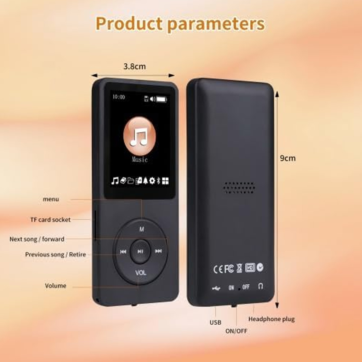 Ein schwarzer MP3-Player mit Bildschirm und Tasten. Maße: 3,8cm x 9cm.