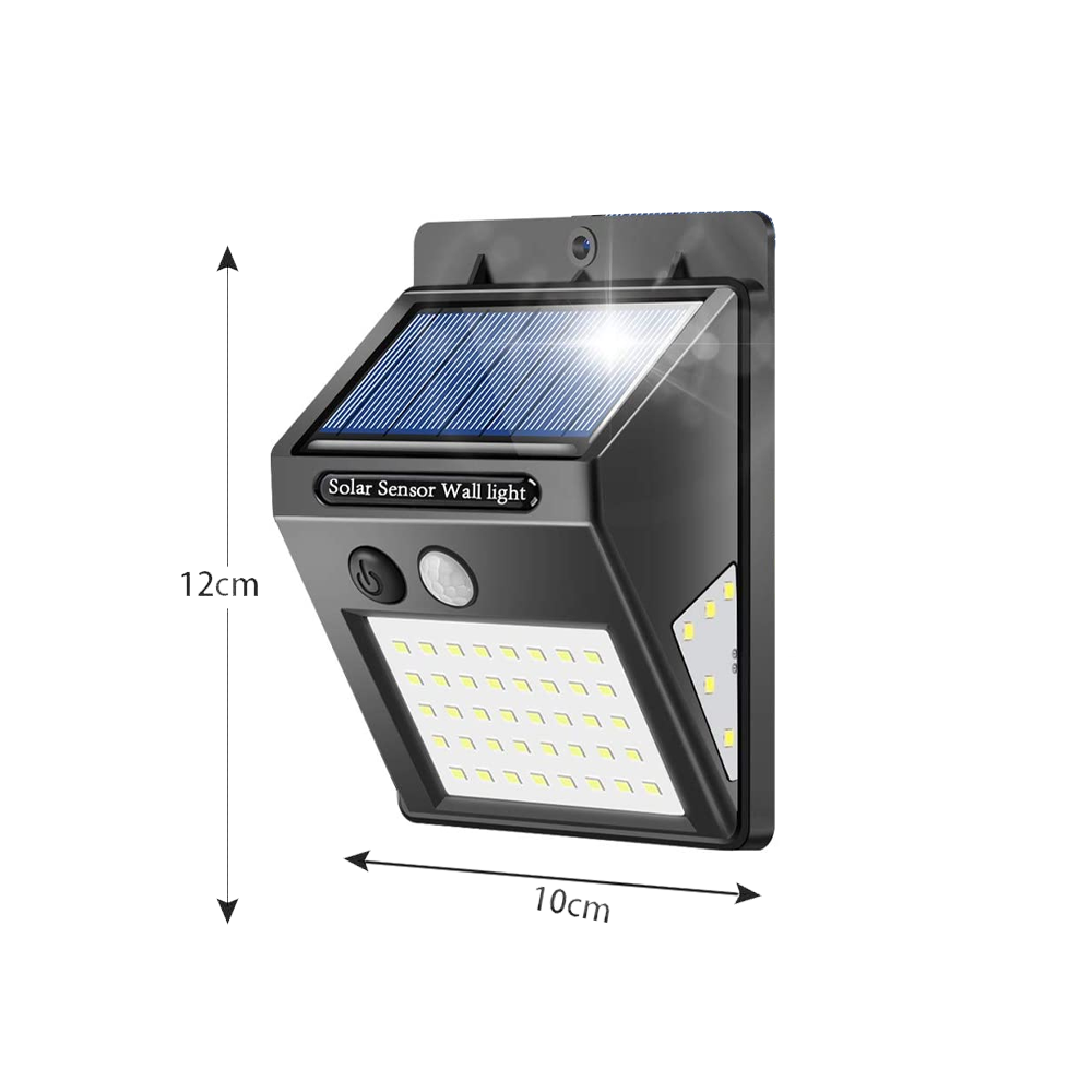 Schwarze Solar-Wandleuchte mit Solarpanel, LEDs, Sensor und Maßen.