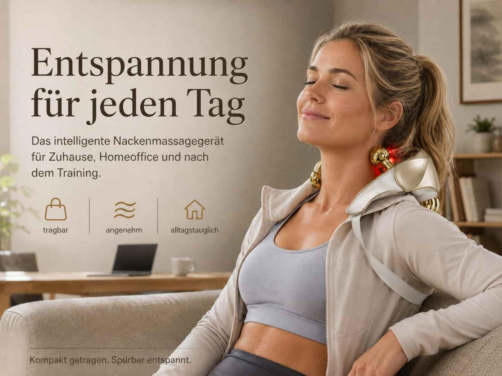 Frau mit Nackenmassagegerät, entspannt auf Couch sitzend.