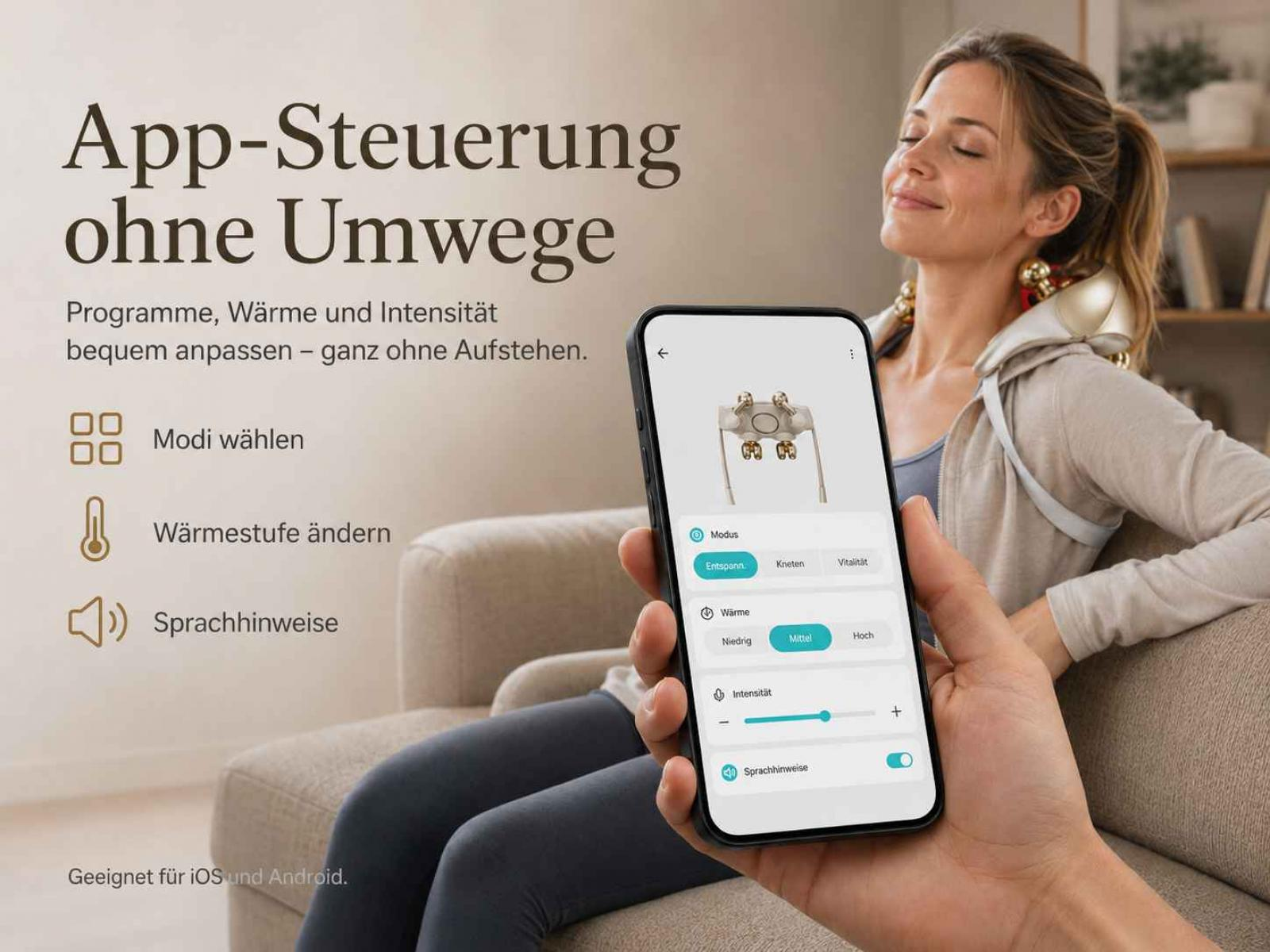 Frau entspannt sich, während eine App zur Massagegerät-Steuerung auf einem Handy angezeigt wird.