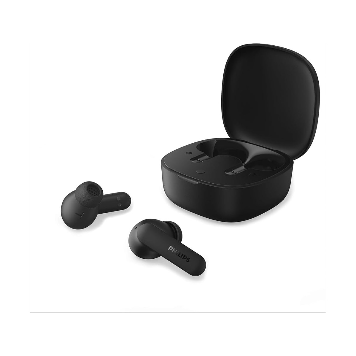 Auricolari wireless neri con custodia di ricarica, un auricolare nella custodia, due davanti.
