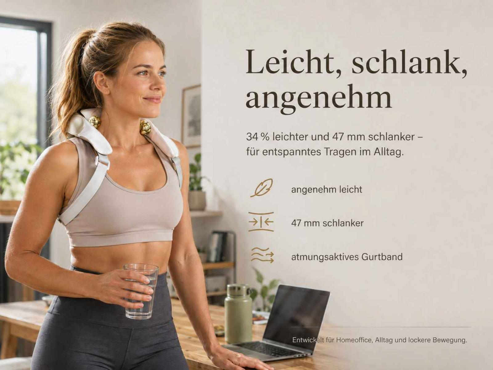 Eine Frau trägt ein Nackenmassagegerät, hält ein Glas Wasser und blickt nach rechts.
