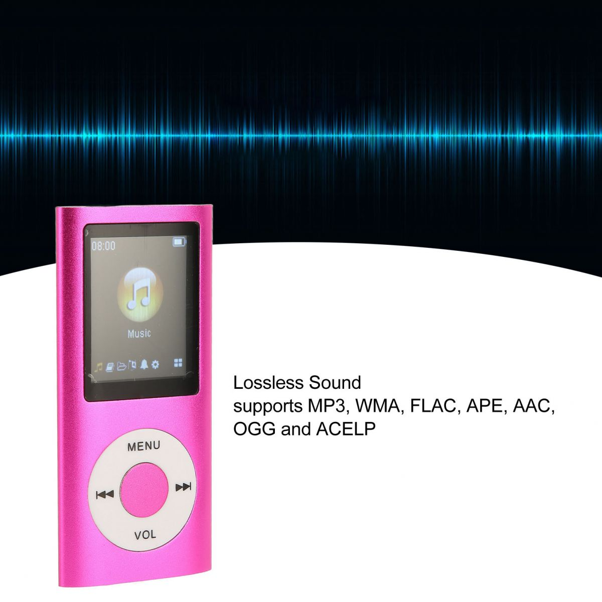 Ein pinker MP3-Player mit einem Musiksymbol auf dem Bildschirm und einem Sound-Equalizer.