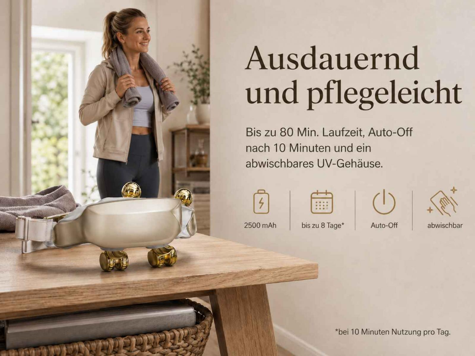 Frau mit Handtuch und Massagegerät auf einem Holztisch.
