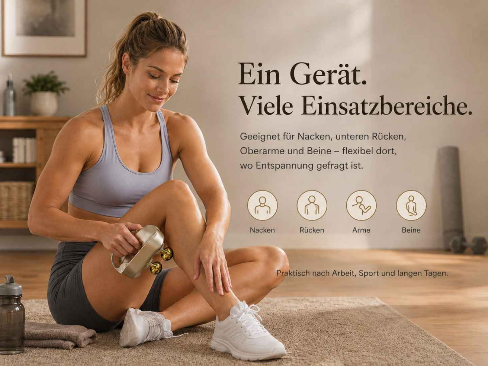 Eine Frau massiert ihr Bein mit einem Massagegerät. Text wirbt für Vielseitigkeit.