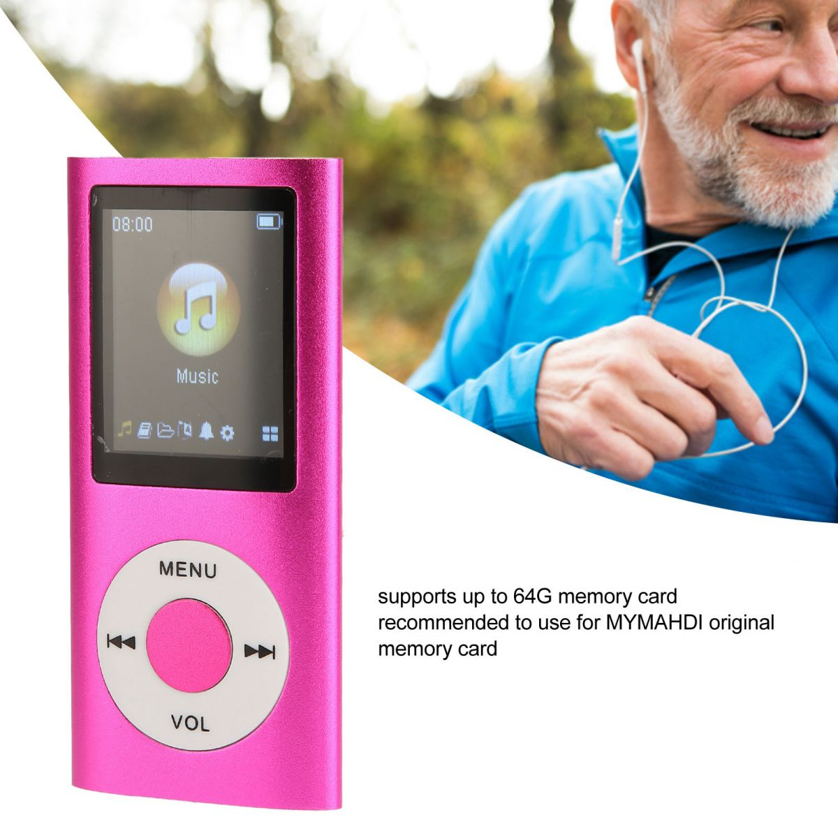 Ein rosafarbener MP3-Player mit Musik-Symbol auf dem Bildschirm, neben einem Mann mit Kopfhörern.