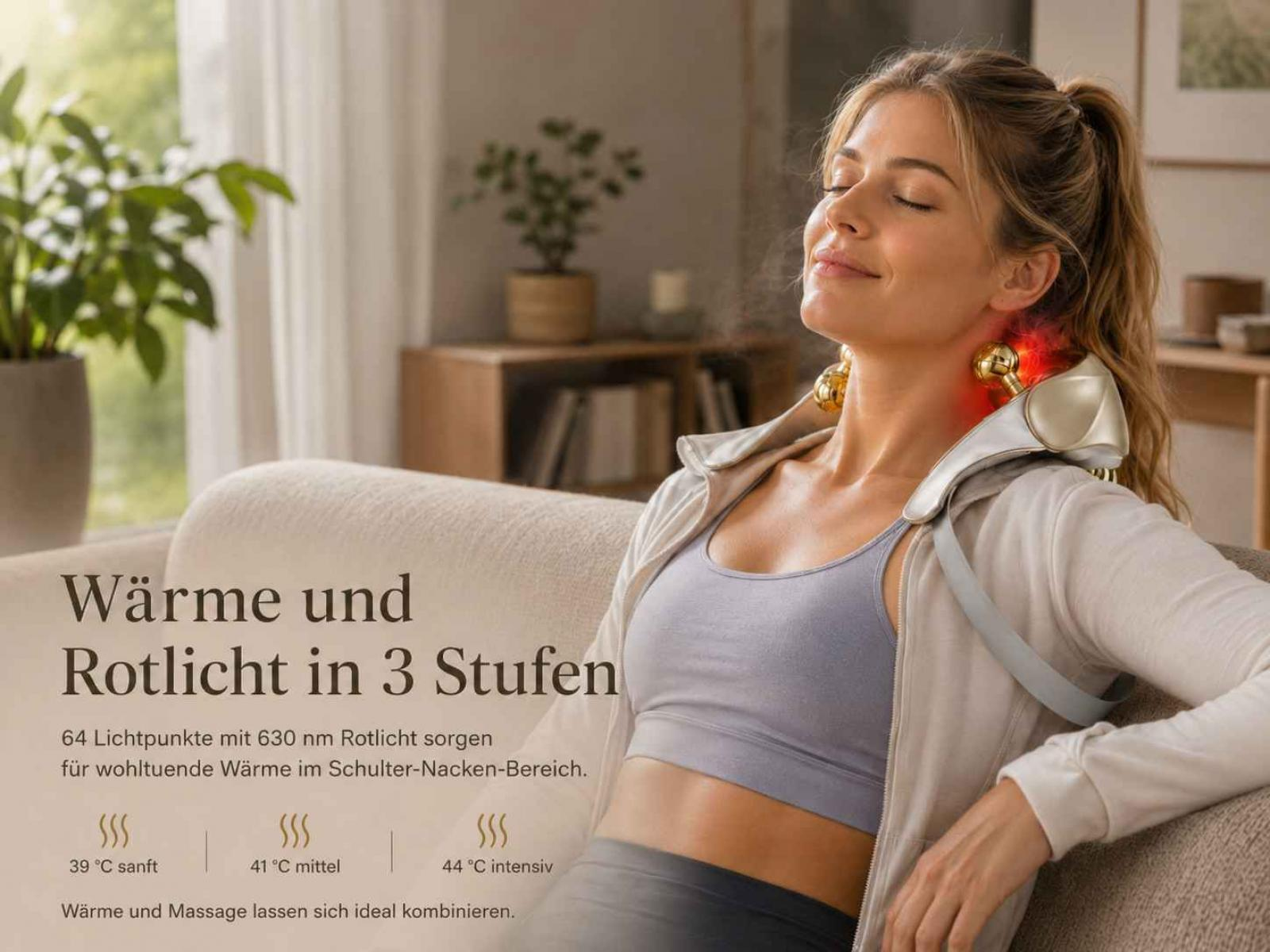 Frau mit Massagegerät am Nacken, das Wärme und Rotlicht abgibt.
