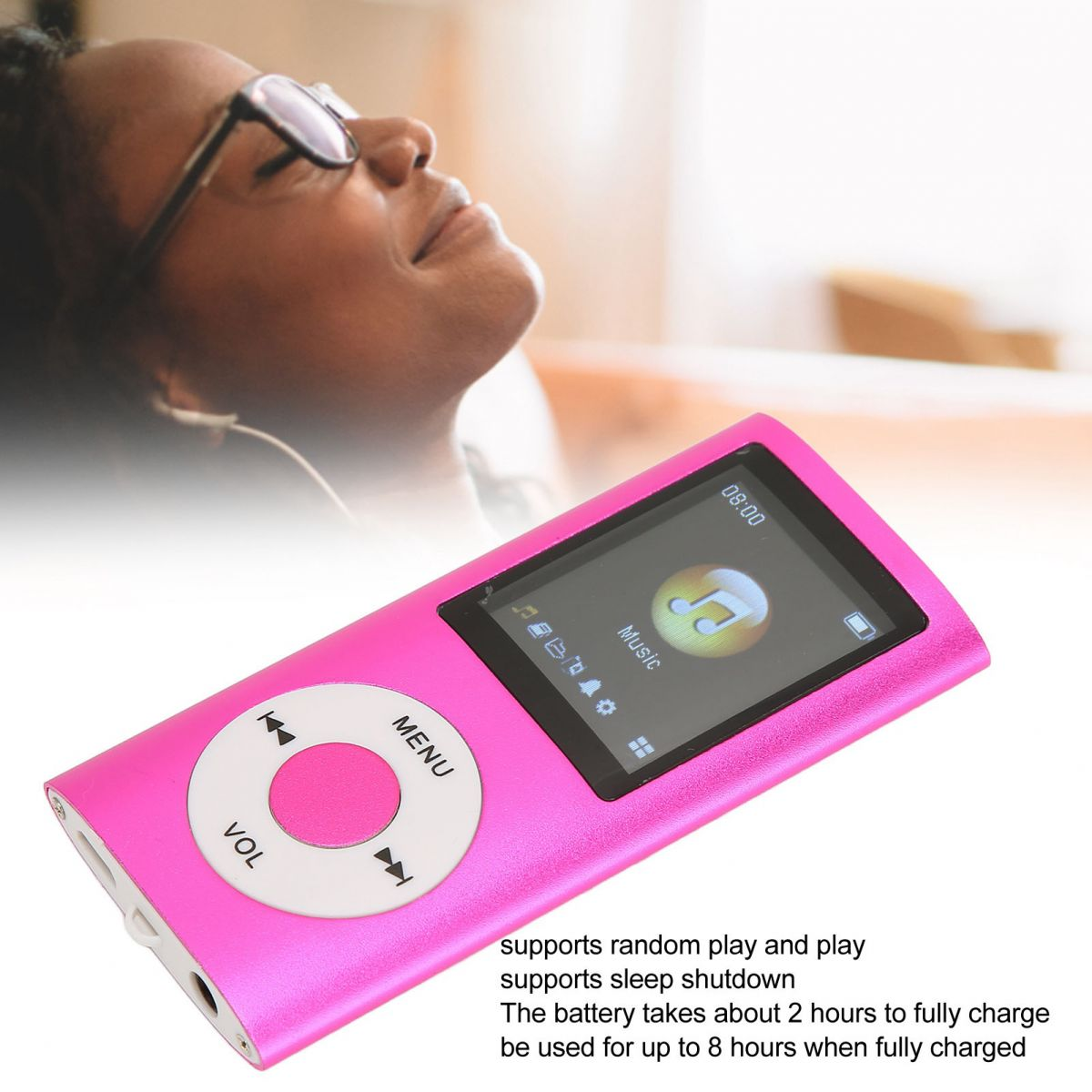 Ein pinker MP3-Player mit Musik-Symbol auf dem Bildschirm, in der Nähe einer Person mit Brille.