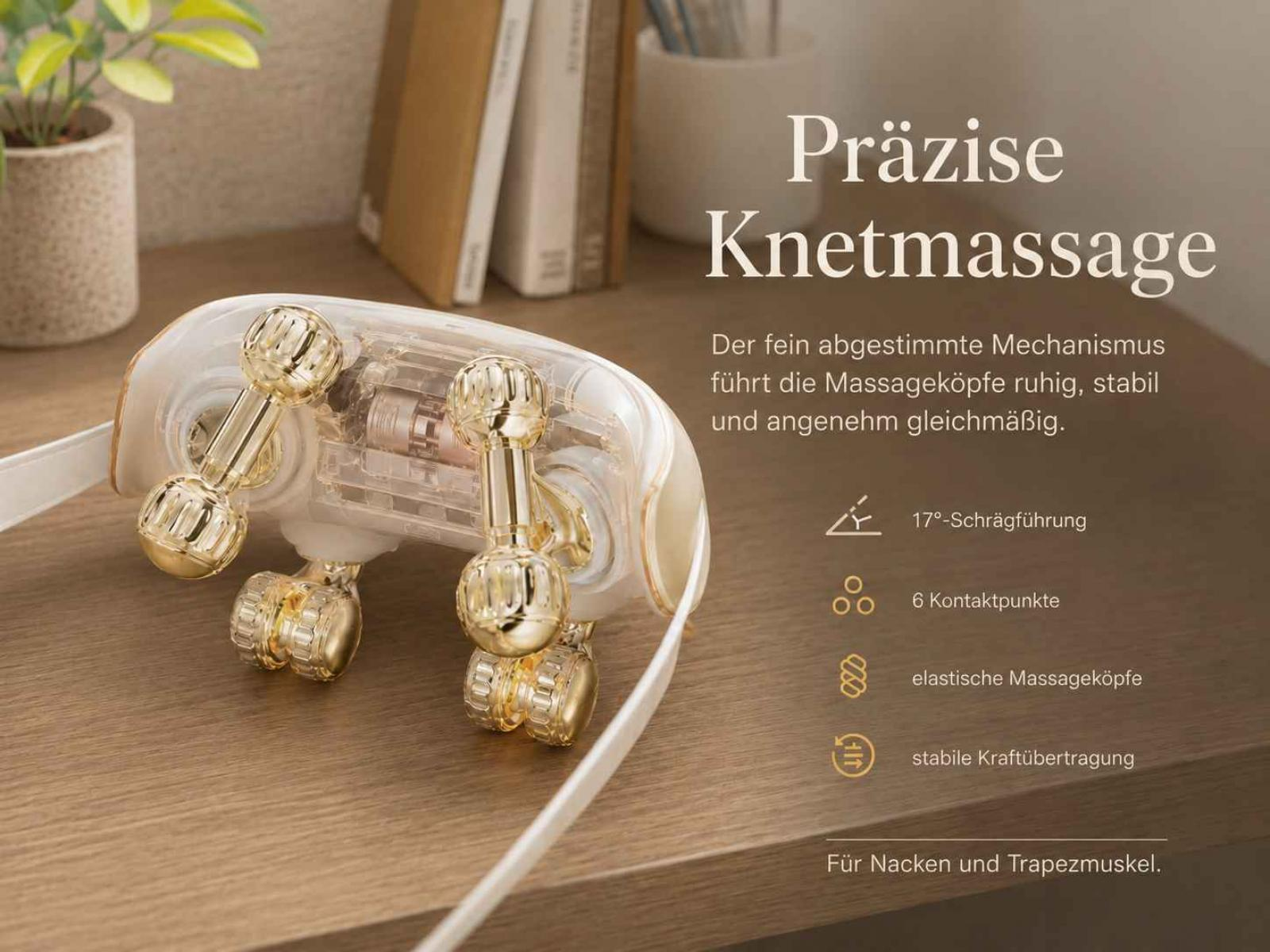 Ein Massagegerät mit goldenen Rollen und transparentem Gehäuse für Nacken und Trapezmuskel.