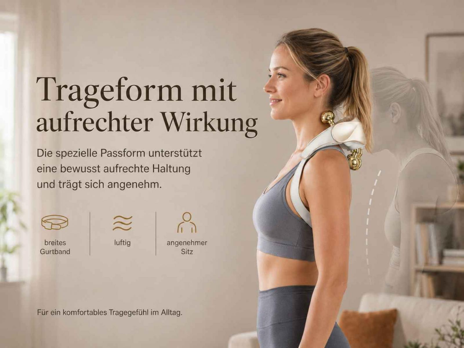 Frau mit Haltungskorrektor im Nackenbereich, der eine aufrechte Haltung fördert.