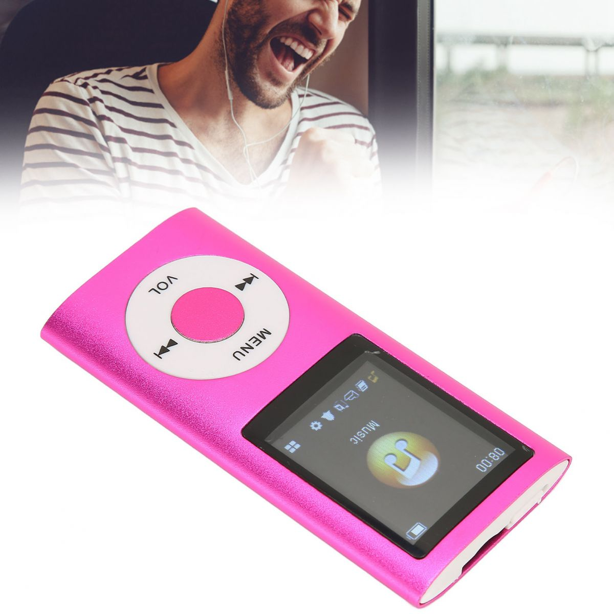 Ein Mann hört Musik, eine pinke MP3. Player liegt im Vordergrund.