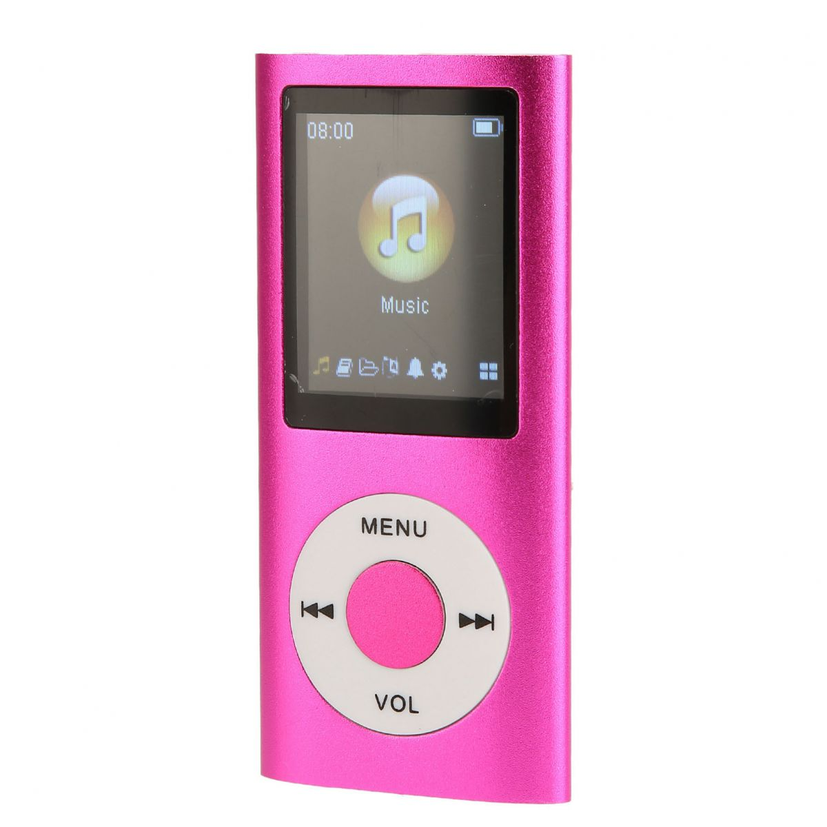 Ein rosafarbener MP3-Player mit einem Musiksymbol auf dem Bildschirm.