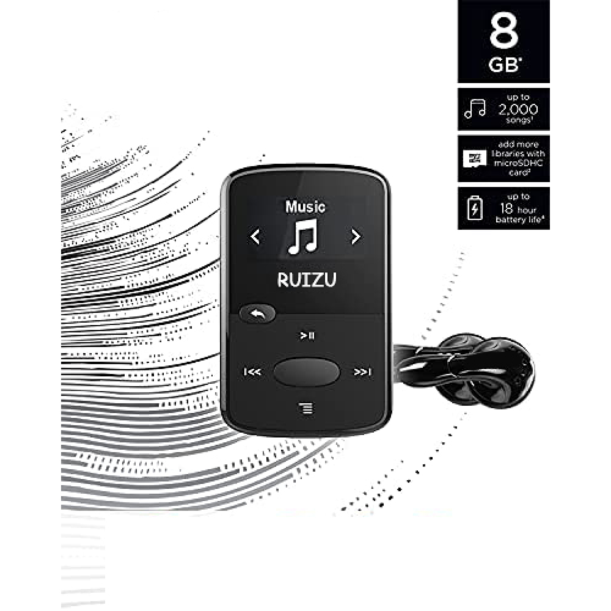 Schwarzer RUIZU Musik-Player mit Kopfhörern. 8 GB, 2000 Lieder, 18 Std. Akku.