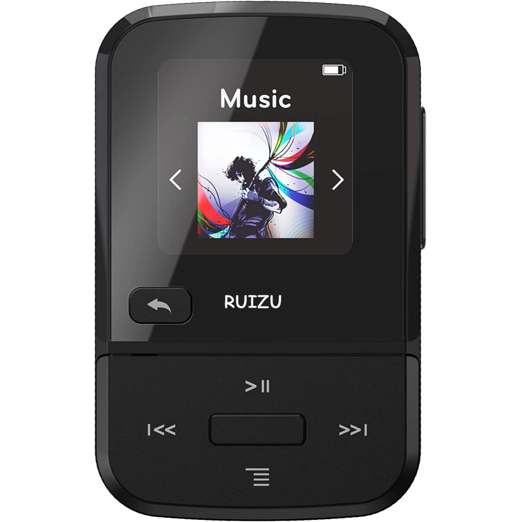Ein schwarzer tragbarer Musikplayer mit einem Bild von einer Person auf dem Bildschirm.
