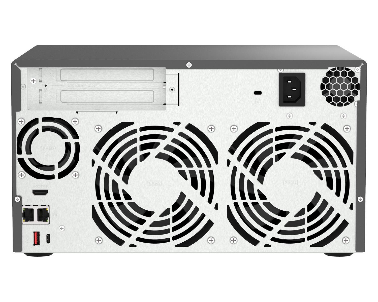 Rückseite eines Servers mit Lüftern, Anschlüssen und Erweiterungssteckplatz.