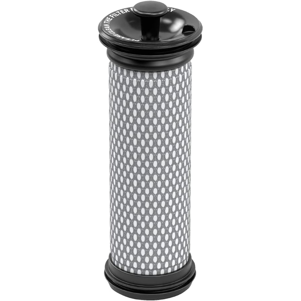 Ein zylindrischer Luftfilter mit einem schwarzen Griff und einem grauen Gittermuster.