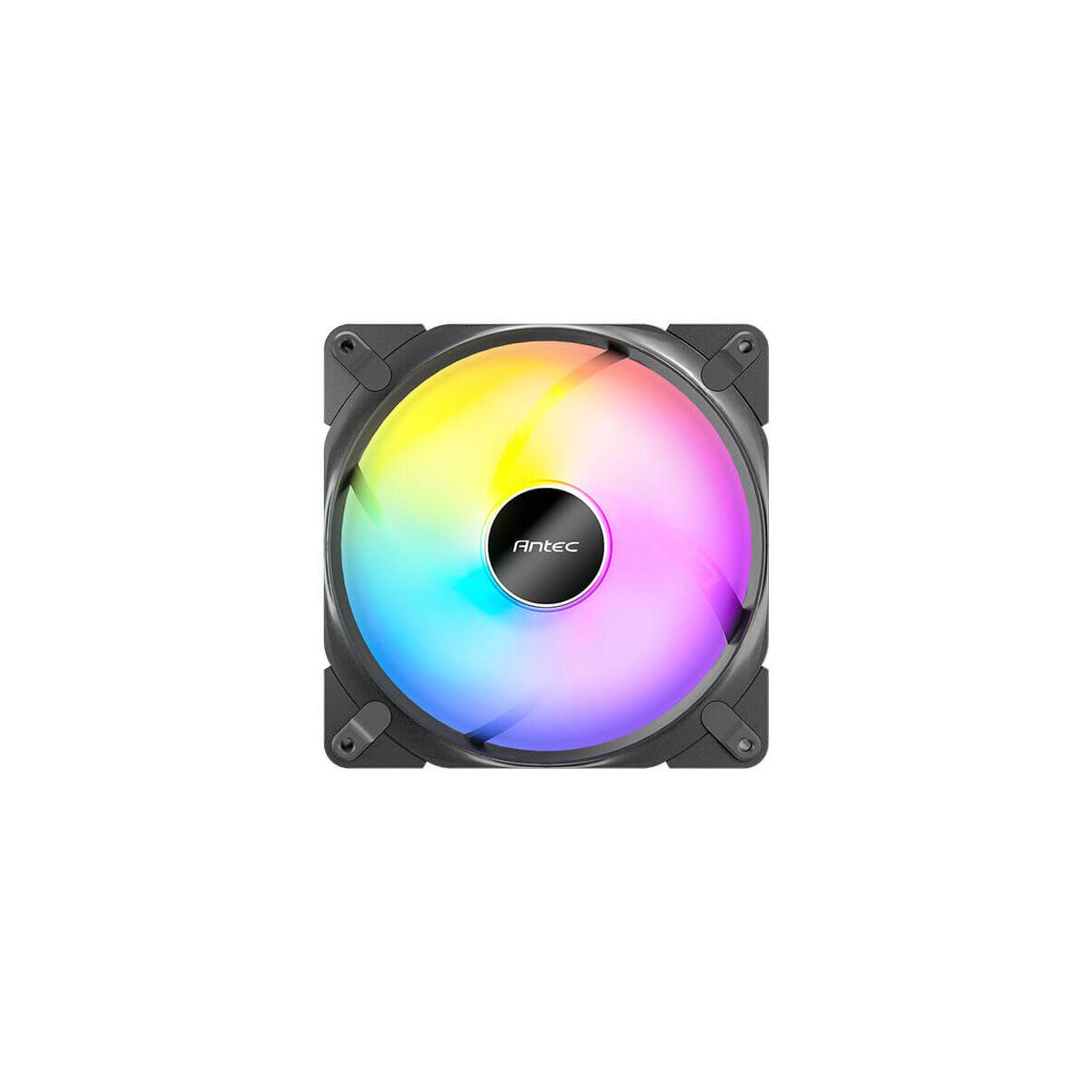 Ein schwarzer Lüfter mit RGB-Beleuchtung und dem Antec-Logo in der Mitte.