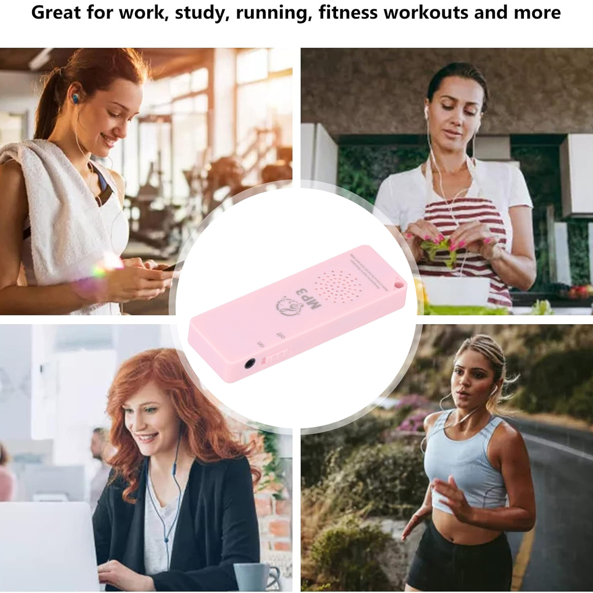 Ein rosa MP3-Player in der Mitte, umgeben von Szenen mit Frauen beim Sport, Kochen und Arbeiten.