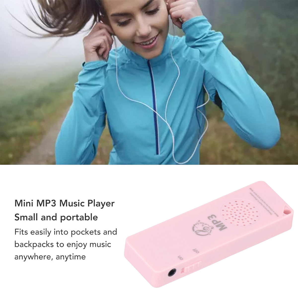Eine Frau mit Kopfhörern läuft, daneben ein rosafarbener MP3-Player.