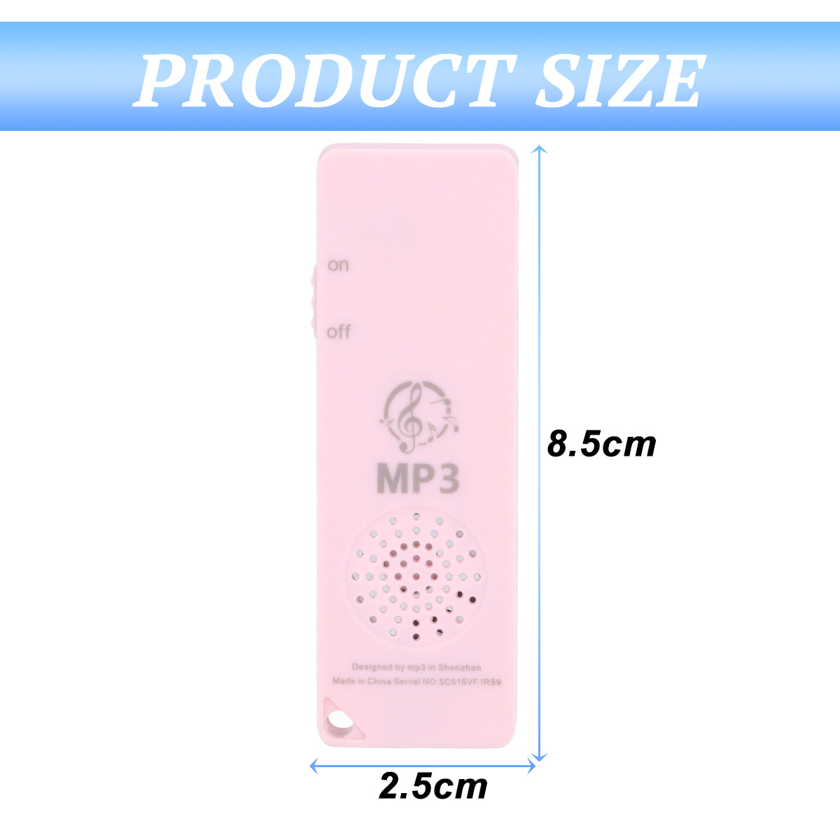 Ein rosafarbener MP3-Player mit den Maßen 8,5 cm x 2,5 cm.