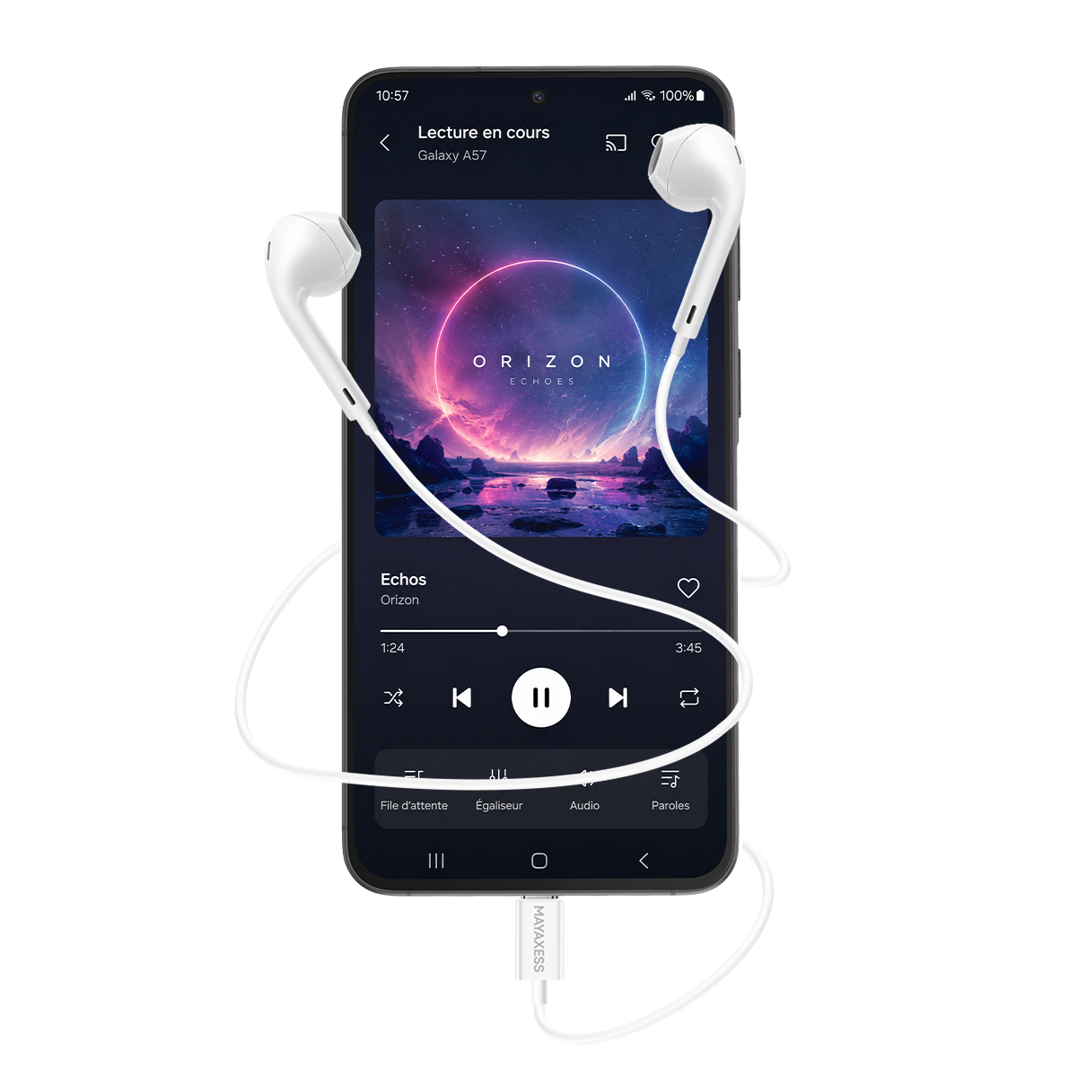 Uno smartphone mostra un'app musicale con auricolari collegati.