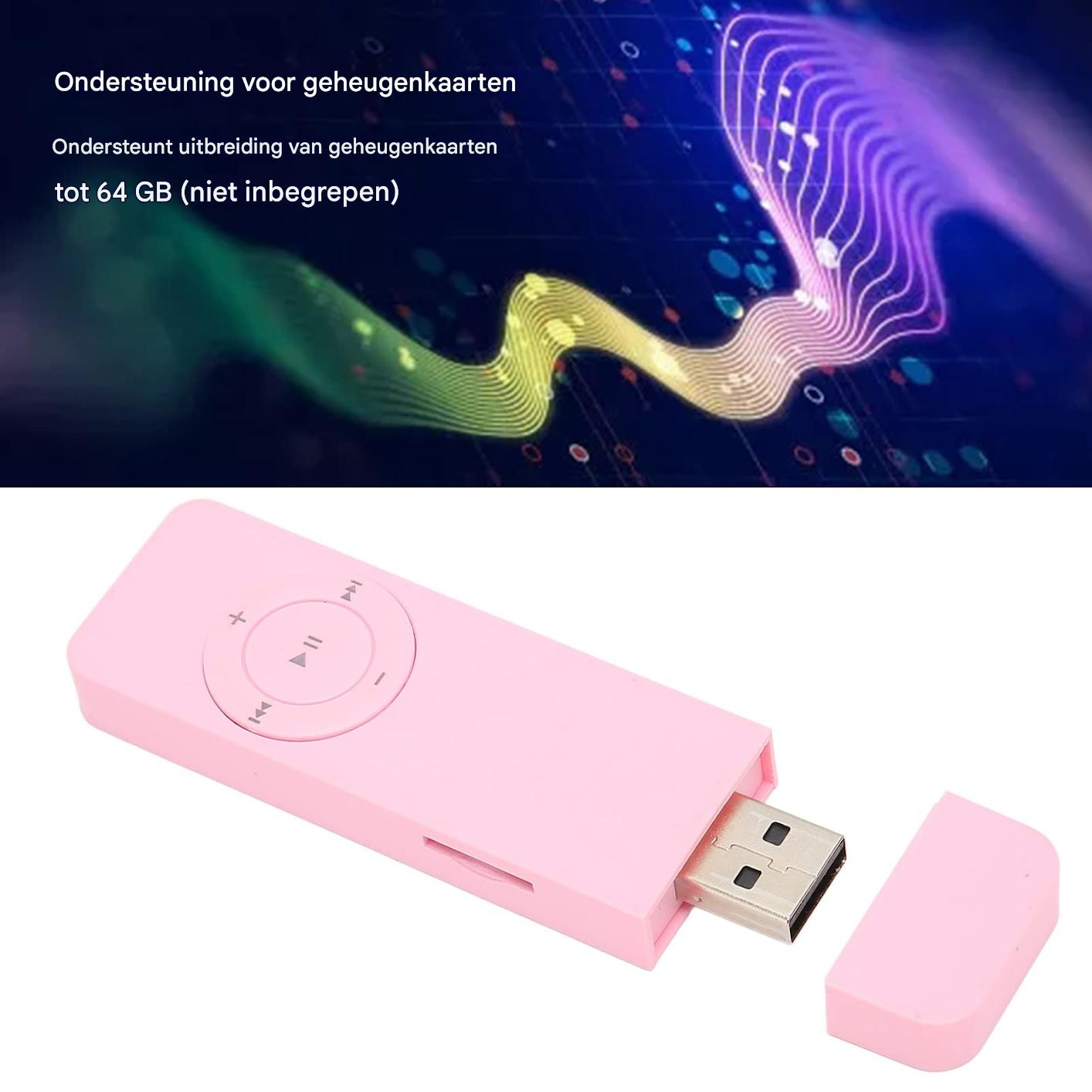 Ein rosafarbener MP3-Player mit USB-Anschluss und Speicherkartenunterstützung.