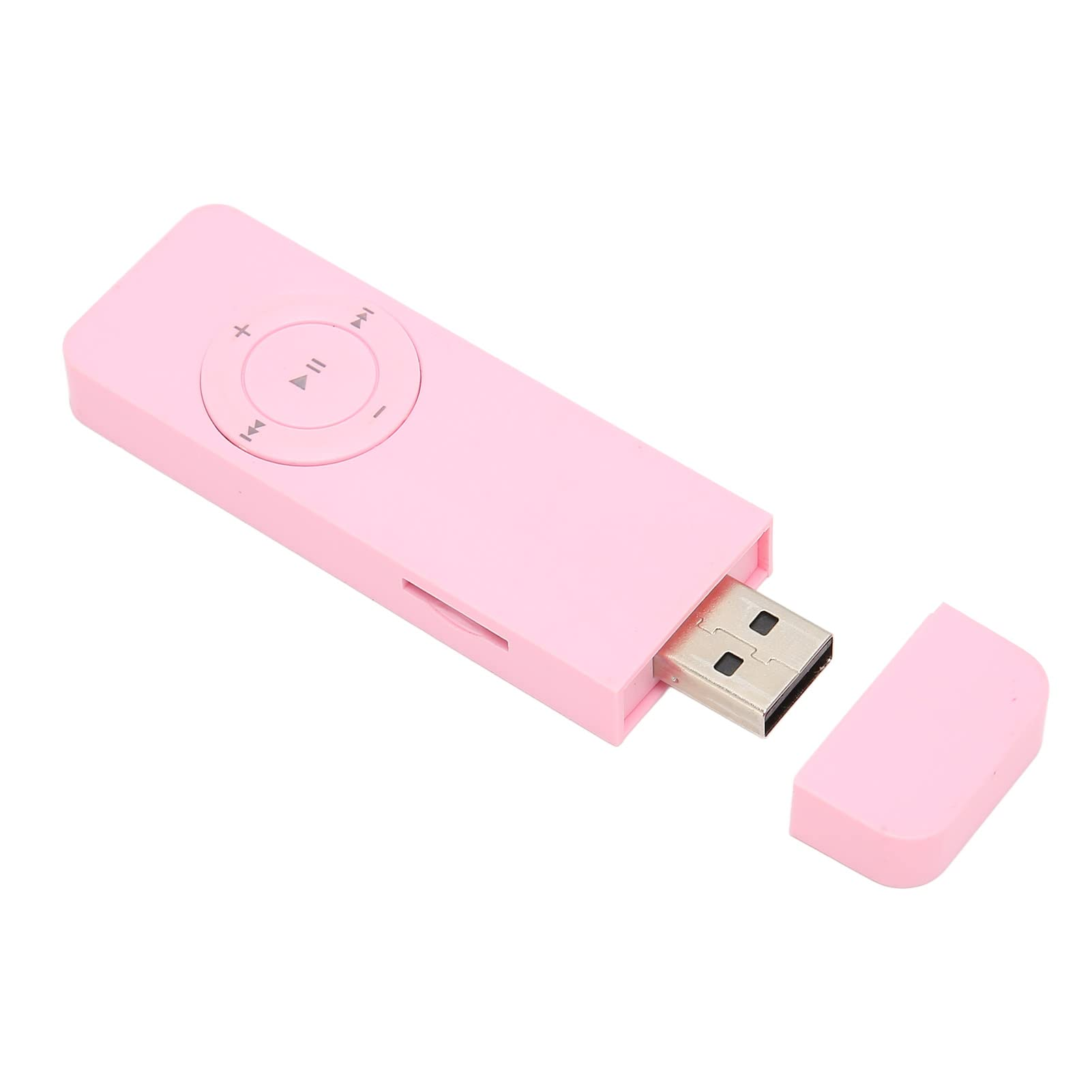 Ein rosafarbener USB-MP3-Player mit Bedienelementen und abgenommener Kappe.