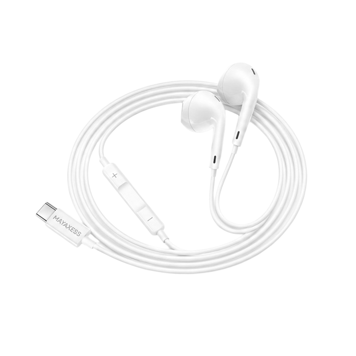 Auricolari bianchi con connettore USB-C e telecomando in linea su sfondo bianco.
