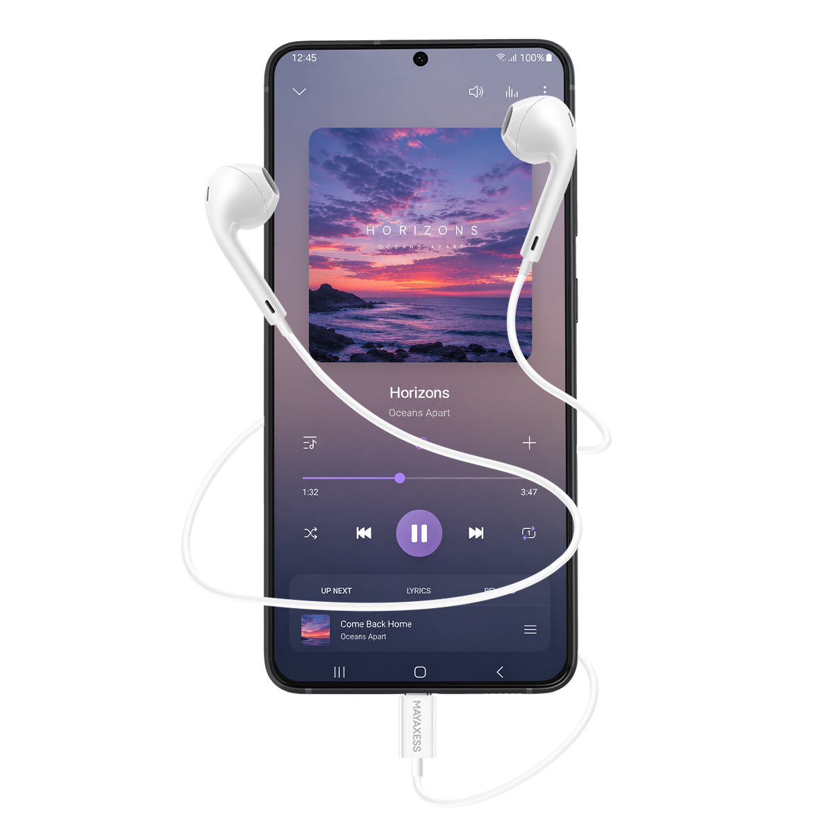 Uno smartphone con auricolari bianchi che riproducono musica.