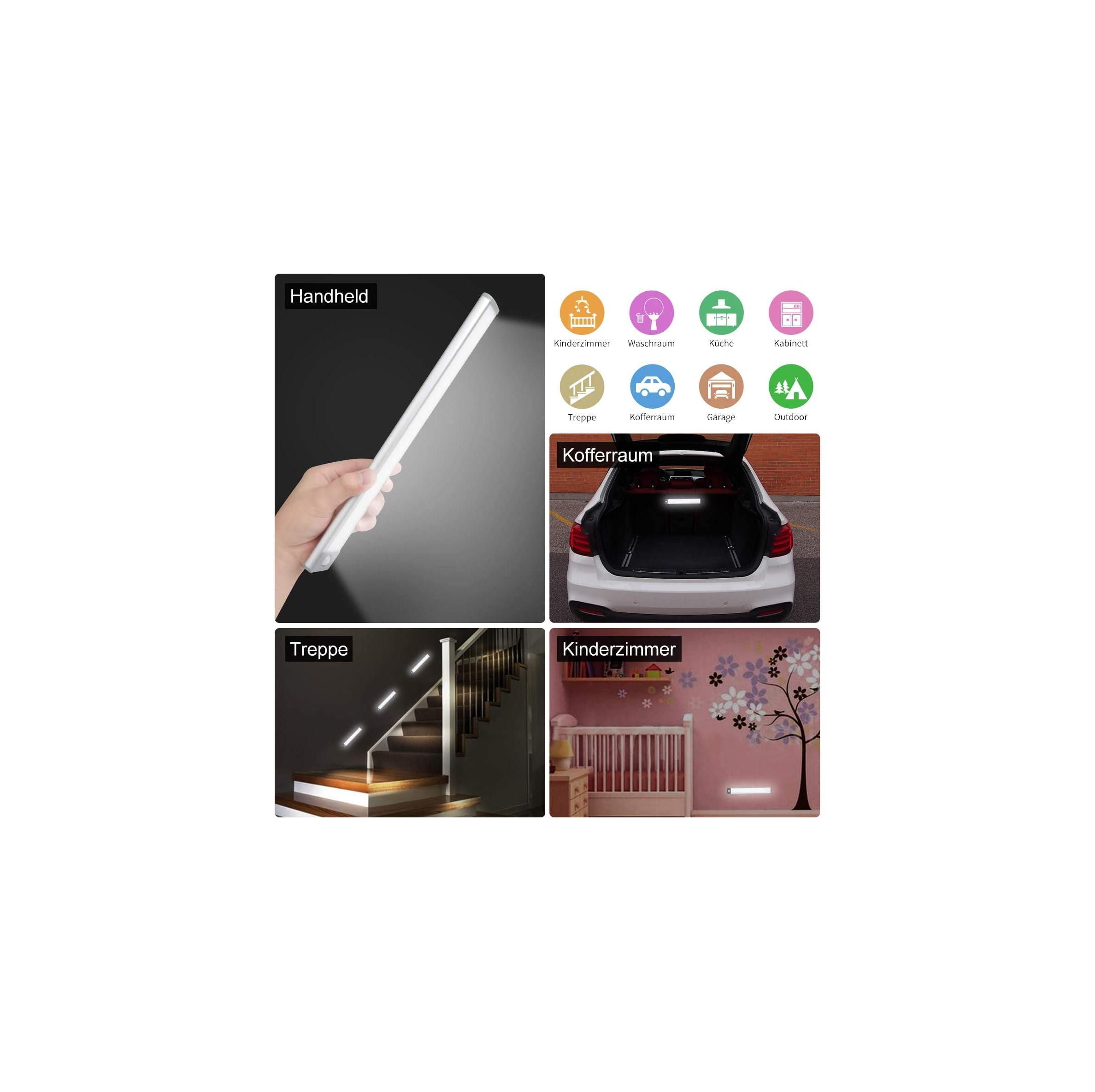 Vier Bilder zeigen LED-Leuchten in verschiedenen Szenarien: Handheld, Kofferraum, Treppe, Kinderzimmer.