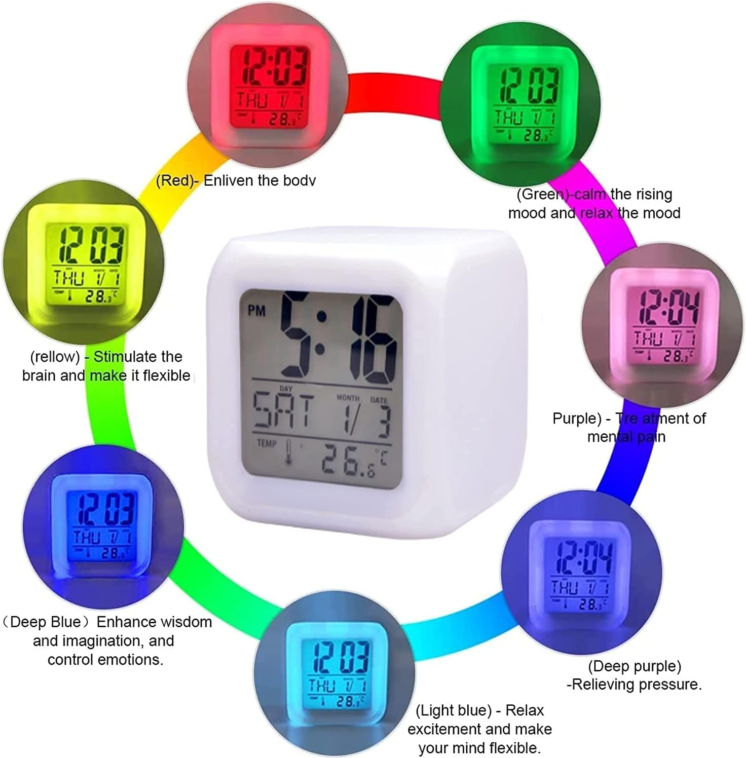 Ein Würfelwecker zeigt Zeit, Datum und Temperatur an und leuchtet in verschiedenen Farben.