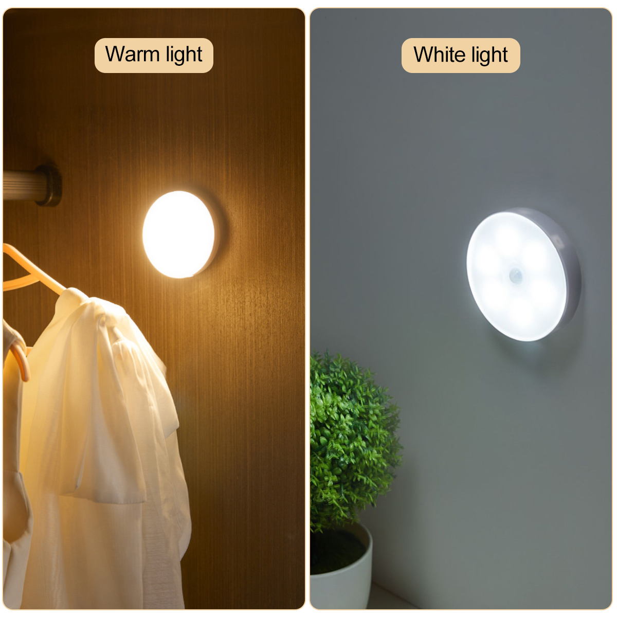 Zwei Leuchten: eine warmweiß im Schrank, eine kaltweiß an der Wand.